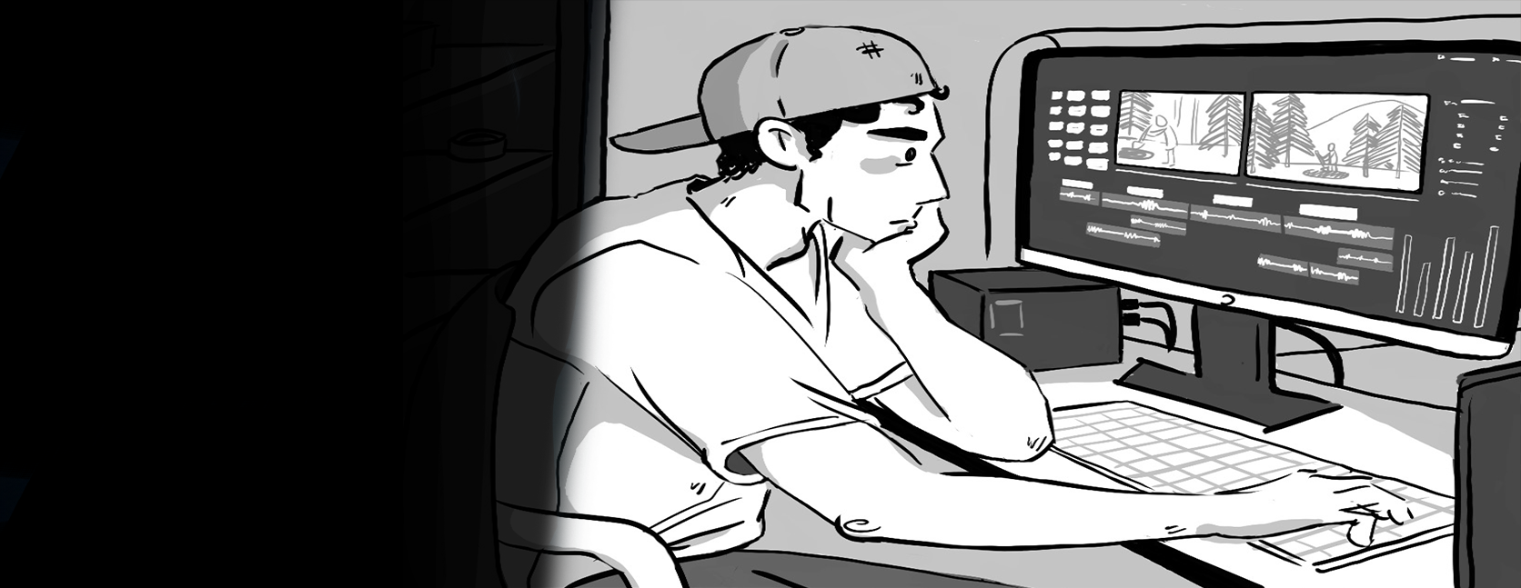 Illustration of Joey editing at a workstation